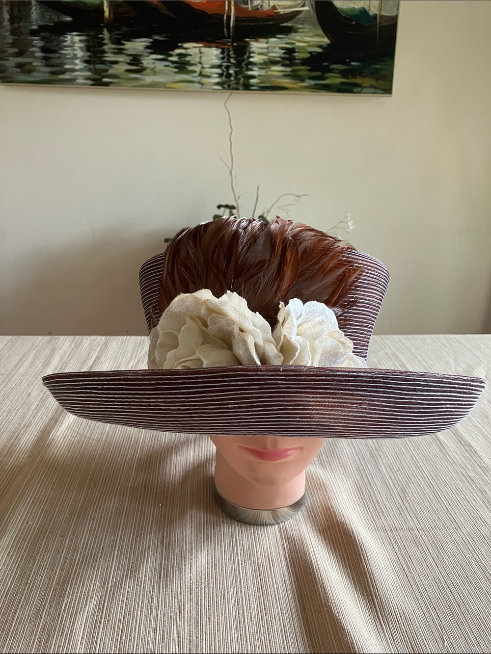 Chic Brown Wide-Brim Hat with Cream Velvet Floral and Brown Feather Accents